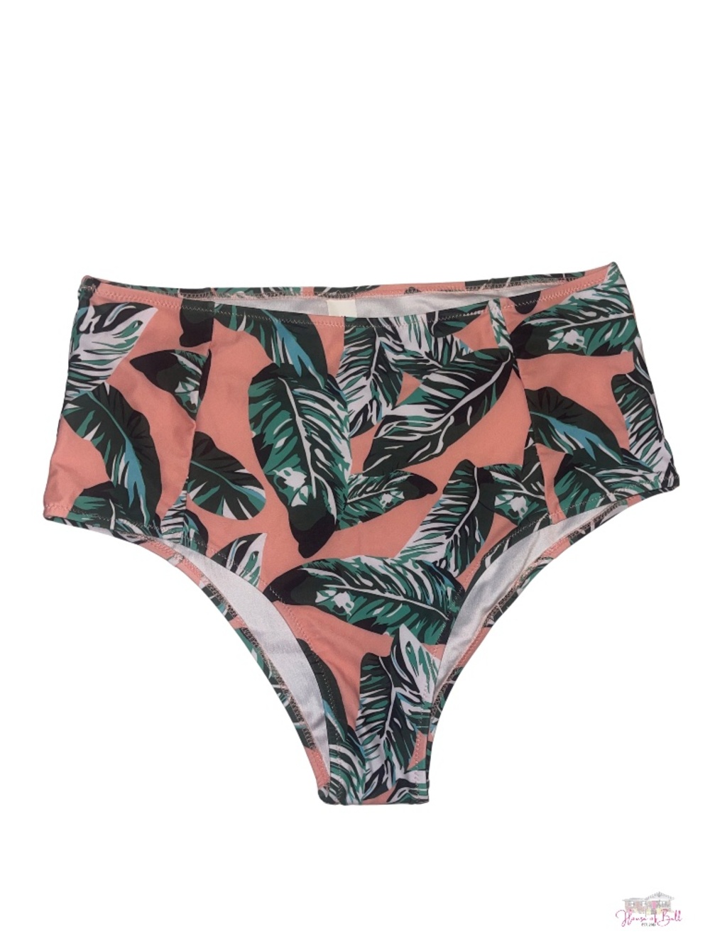 Tropical Leaf High Waisted Bikini Bottoms XL Peach Green NWOT